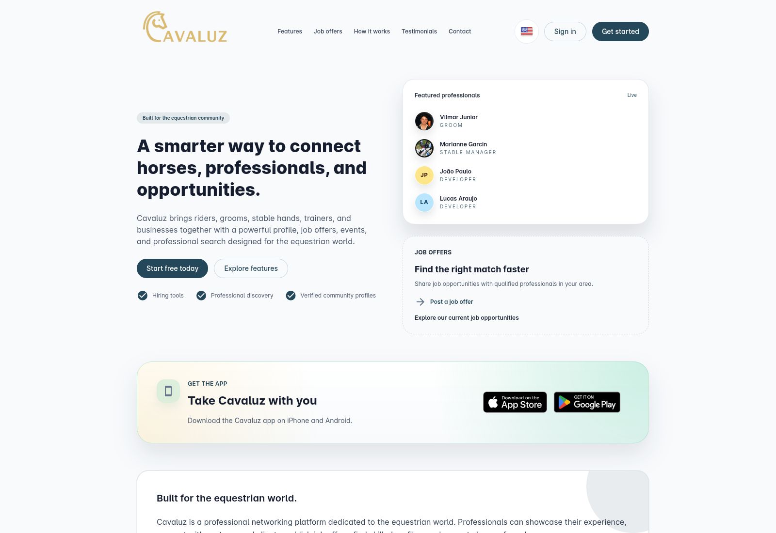 Página pública da Cavaluz, com apresentação da rede profissional equestre