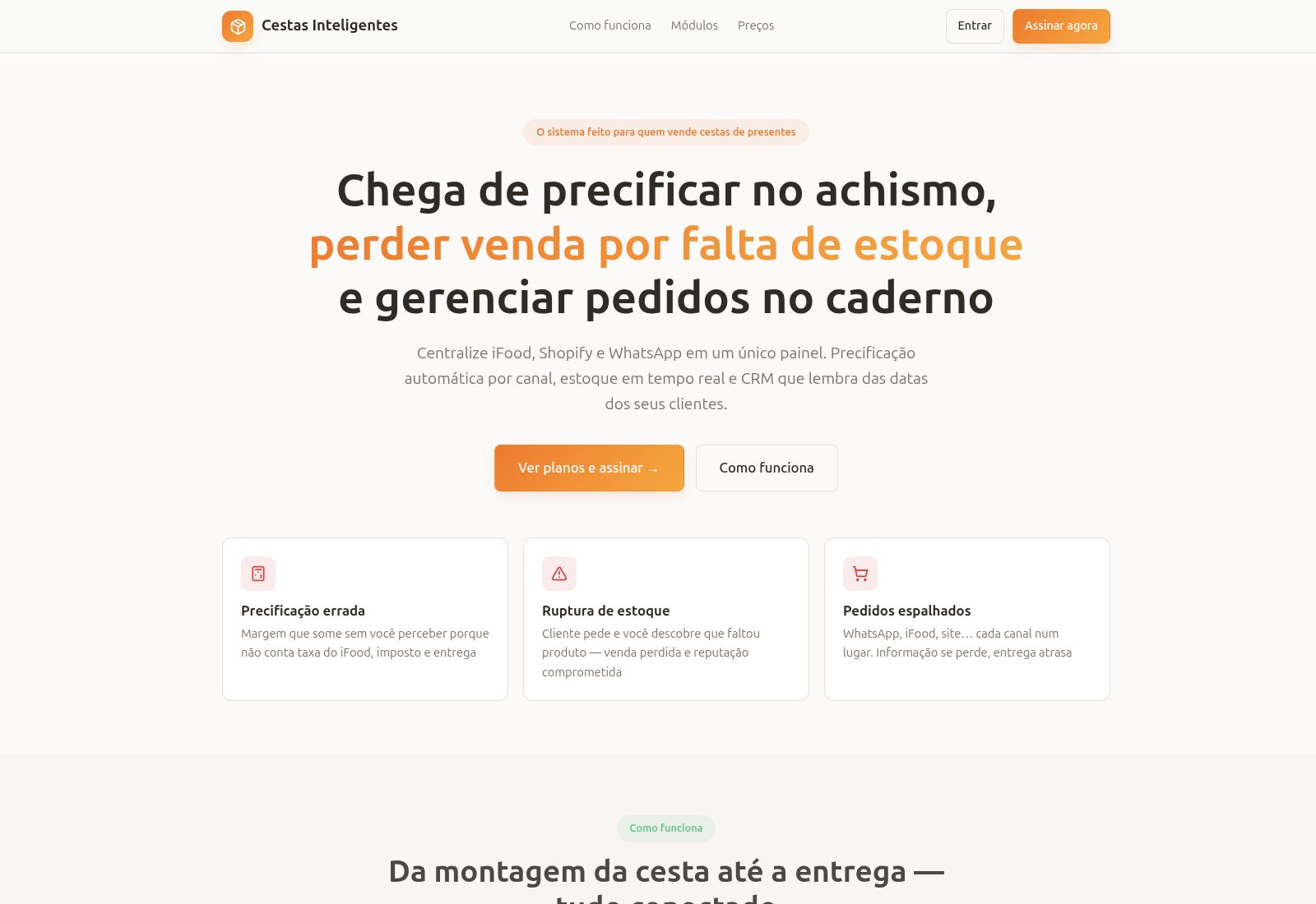 Página pública do Cestas Inteligentes, no domínio Gestão de Cestas