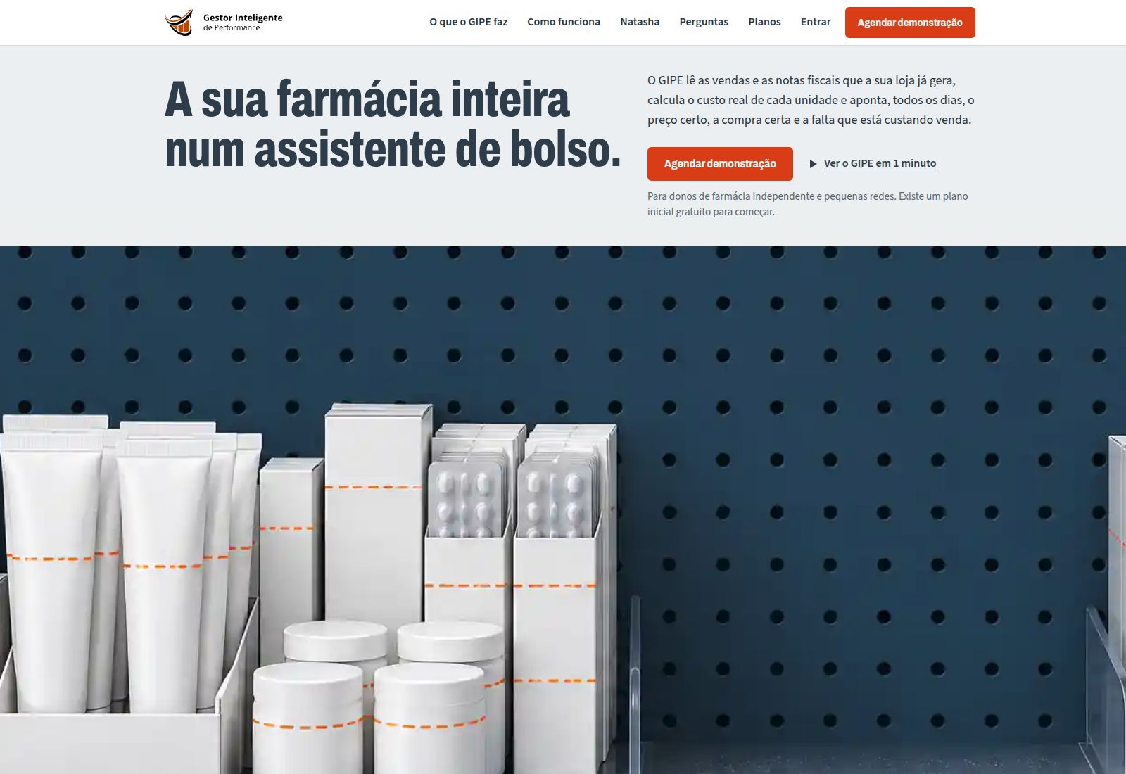Página pública do GIPE, com apresentação da gestão para farmácias e uma prateleira ilustrada