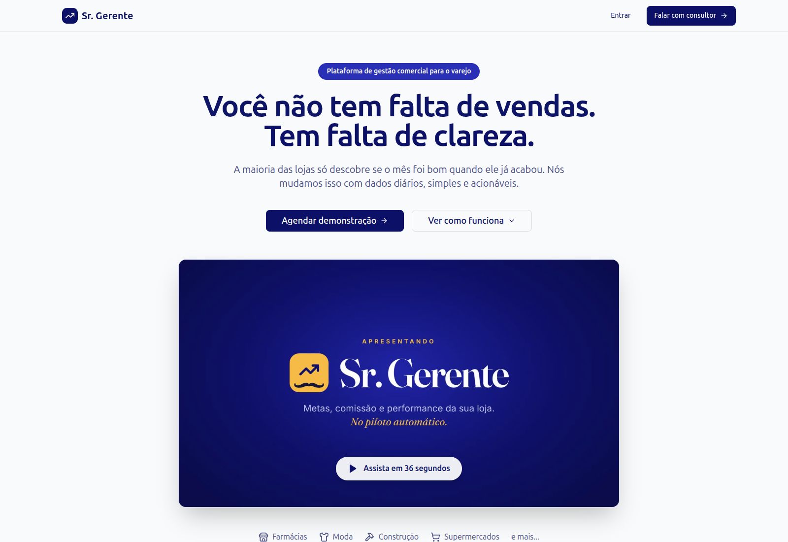 Página pública do Sr. Gerente, com apresentação da plataforma de gestão comercial